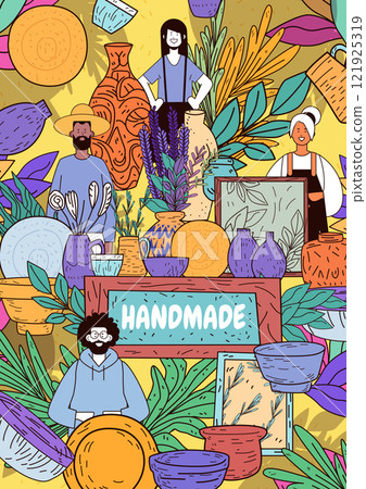 Handmade crafts market vibrant pottery plants people colorful decorative art poster background 121925319