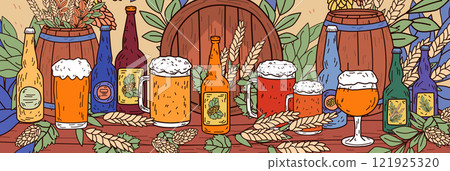 Beer bottles and mugs with hops and barrels rustic craft beer scene with wheat leaves colorful background website banner Beer bottles and mugs with hops and barrels rustic craft beer scene with wheat leaves colorful background website banner 121925320