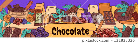 Chocolate variety display with bars truffles and cocoa beans on a wooden shelf surrounded by leaves and oranges colorful design dessert theme 121925326