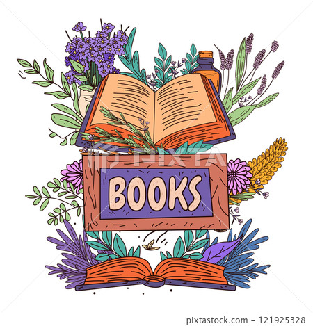 Books nature theme with open book surrounded by flowers leaves and bottle vibrant colors decorative elements perfect for website banner or template 121925328