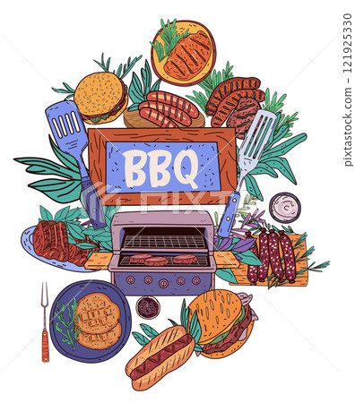 BBQ grill food cooking summer feast colorful meats vegetables burgers sausages spatulas herbs outdoor picnic festive design BBQ grill food cooking summer feast colorful meats vegetables burgers sausages spatulas herbs outdoor picnic festive design 121925330