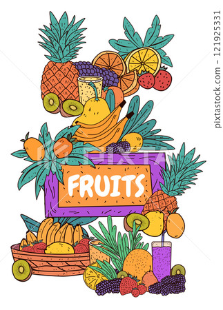 Fruit assortment colorful tropical fresh produce. Pineapples bananas oranges kiwis berries in vibrant arrangement with juice and leaves. Perfect for poster or banner Fruit assortment colorful tropical fresh produce. Pineapples bananas oranges kiwis berries in vibrant arrangement with juice and leaves. Perfect for poster or banner 121925331