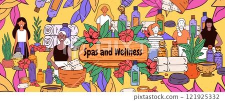 Spa and wellness theme with people plants bottles towels flowers vibrant colors decorative elements Spa and wellness theme with people plants bottles towels flowers vibrant colors decorative elements 121925332