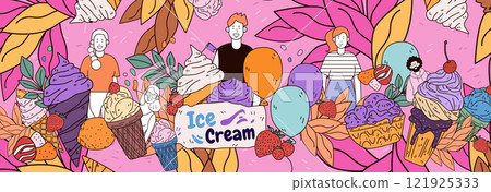 Ice cream theme colorful playful design features smiling people surrounded by various ice cream cones leaves and balloons on a vibrant pink background 121925333