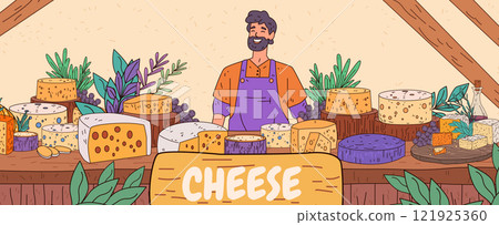 Cheese market vendor smiling at stall with various cheeses grapes and herbs rustic setting colorful design banner Cheese market vendor smiling at stall with various cheeses grapes and herbs rustic setting colorful design banner 121925360