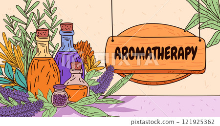 Aromatherapy essential oils bottles lavender leaves floral background wellness spa theme colorful design Aromatherapy essential oils bottles lavender leaves floral background wellness spa theme colorful design 121925362