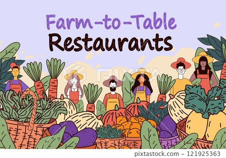Farm-to-table concept with diverse farmers showcasing fresh vegetables and fruits in baskets colorful background agricultural theme banner 121925363
