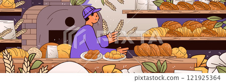 Bakery scene with baker and bread variety. Cozy bakery setting featuring a smiling baker surrounded by diverse bread loaves and pastries in a warm-toned environment 121925364