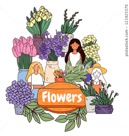 Flower shop vibrant floral arrangement with smiling people surrounded by colorful blooms and lush greenery in pots. Ideal for website design 121925370