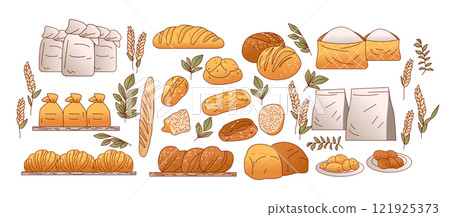 Bread and bakery products assortment with wheat leaves and flour bags. Various breads croissants buns and pastries in warm tones. Ideal for food-themed designs 121925373