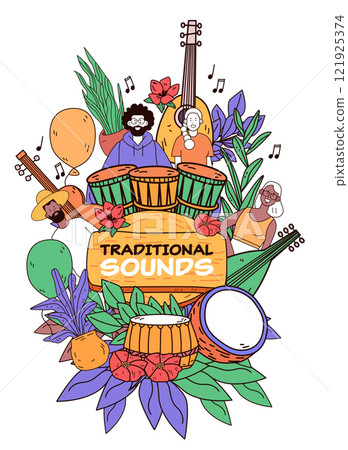 Traditional music celebration with diverse musicians playing drums and guitars surrounded by tropical leaves and flowers colorful artistic composition 121925374