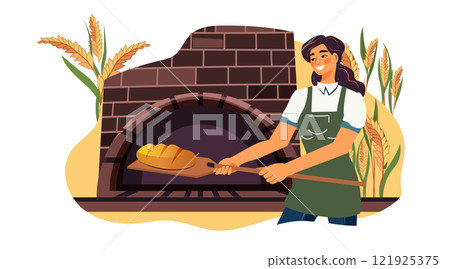 Baker woman holding bread by oven rustic baking scene wheat stalks smiling Baker woman holding bread by oven rustic baking scene wheat stalks smiling 121925375