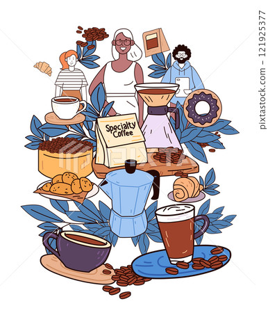 Specialty coffee shop scene diverse people brewing. Characters enjoying coffee with beans pastries and brewing tools surrounded by leaves. Perfect for cafe website design 121925377