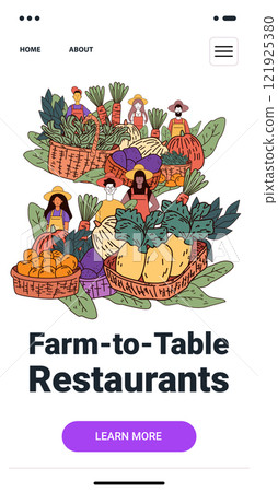 Farm-to-table theme with diverse farmers holding baskets of fresh vegetables and fruits vibrant colors modern website template 121925380