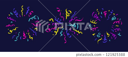 Confetti vector explosion. Radial elements for birthday party and carnival celebration. Falling colored serpentine and burst of firework for surprise and gift decoration 121925388