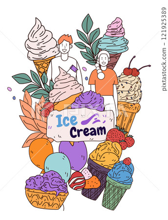 Ice cream theme colorful cones and scoops with people leaves balloons and berries in a playful composition. Perfect for website design or banners 121925389
