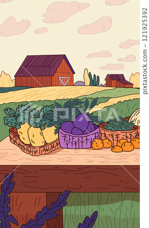 Farm produce baskets rural landscape autumn harvest. Vegetables and fruits on wooden table with barns fields and cloudy sky. Vibrant colors and rustic charm 121925392