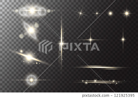 Star with light flare glow. Shiny sparkles with glitter and flashes. Vector golden glare on transparent background. Yellow magic twinkles with blurred silver lens flare and reflection Star with light flare glow. Shiny sparkles with glitter and flashes. Vector golden glare on transparent background. Yellow magic twinkles with blurred silver lens flare and reflection 121925395