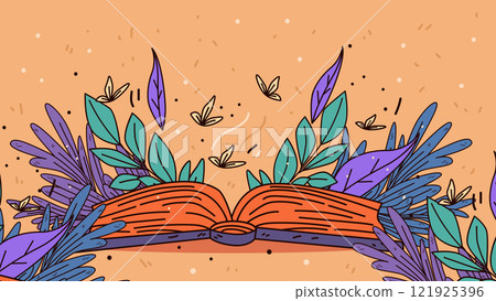 Open book with leaves and butterflies nature theme orange background vibrant colors decorative design template Open book with leaves and butterflies nature theme orange background vibrant colors decorative design template 121925396