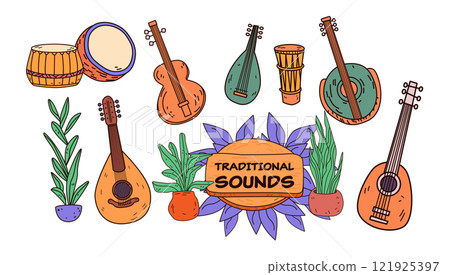 Traditional musical instruments and plants colorful hand-drawn guitars drums leaves decorative design elements white background Traditional musical instruments and plants colorful hand-drawn guitars drums leaves decorative design elements white background 121925397