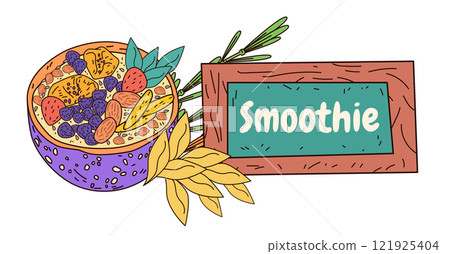 Smoothie bowl healthy fruits nuts leaves wooden sign colorful design Smoothie bowl healthy fruits nuts leaves wooden sign colorful design 121925404