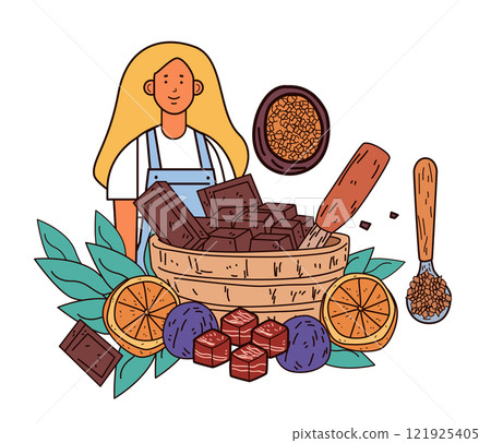 Chocolate making scene woman with ingredients including chocolate bars orange slices and cocoa nibs in a bowl with leaves and utensils colorful 121925405