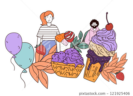 Ice cream dessert celebration theme with people balloons fruits leaves colorful elements artistic design for website banner 121925406