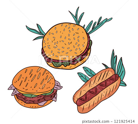 Burgers and hot dog with leaves colorful food illustration featuring sesame buns lettuce and sausage on white background perfect for menu design 121925414