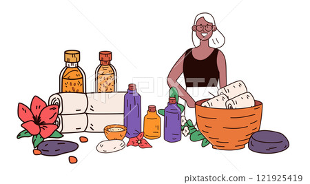 Spa scene with woman and products relaxation theme with oils towels flowers and stones colorful design elements for wellness and self-care Spa scene with woman and products relaxation theme with oils towels flowers and stones colorful design elements for wellness and self-care 121925419