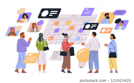 Team collaboration concept people discussing project schedule communication icons diverse group colorful elements 121925420