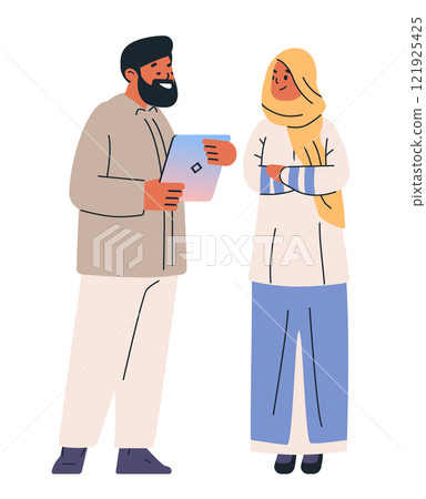 Business meeting two people discussing tablet technology communication professional attire neutral colors 121925425