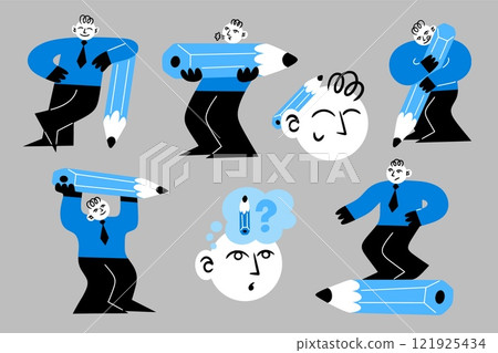 People with pencils. Doodle write and draw. Business character. School study person. Student with big ballpoint. Stationery for education or work. Copywriter poses. Vector cartoon set People with pencils. Doodle write and draw. Business character. School study person. Student with big ballpoint. Stationery for education or work. Copywriter poses. Vector cartoon set 121925434