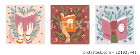 Book in hand. Woman read diary. School poetry or history lovers club. Student study page on library day. Fantasy novel. Arms holding open textbook. Flowers and leaves. Vector cards set 121925441