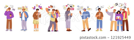 People with phone. Woman person call by smart, hold cell or watch selfie. Young man character using smartphone, talk and chat. Online shopping and music. Cartoon flat isolated vector set 121925449