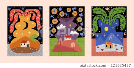 Abstract flower poster. Groovy modern plant art. Spring painting or retro bloom print. Trippy 70s vase. House at meadow. Nature landscape. Vector trendy psychedelic backgrounds set Abstract flower poster. Groovy modern plant art. Spring painting or retro bloom print. Trippy 70s vase. House at meadow. Nature landscape. Vector trendy psychedelic backgrounds set 121925457