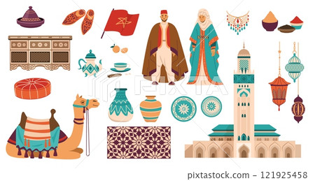 Morocco culture. Travel landmark. Ancient building. Camel and carpet on Moroccan bazaar. Food and rug in Marrakesh tradition. Muslim mosque. East souvenir. Vector traditional elements set 121925458