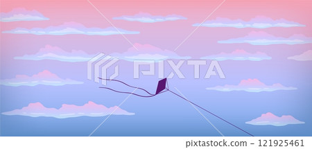 Sunset sky. Evening pink background with flying kites, night floating clouds or orange dawn clear landscape. Warm morning or dusk air, gradient scene. Vector cartoon flat isolated illustration Sunset sky. Evening pink background with flying kites, night floating clouds or orange dawn clear landscape. Warm morning or dusk air, gradient scene. Vector cartoon flat isolated illustration 121925461