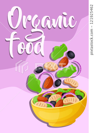 Healthy salad. Bowl with falling mixed cut vegetables and hand drawn text. Vertical banner or poster design. Menu cover. Organic food. Cooking ingredients. Kitchen print. Vector illustration 121925462