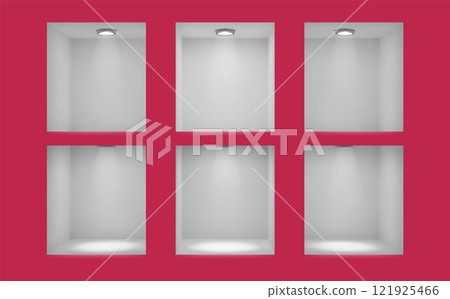 3d shelf. Empty space for exhibit. Store wall. White background inside bookshelf. Plastic blank shop interior. Cube shape stands. Shelving spotlight. Showcase niche frames vector set 121925466