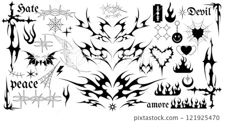 Y2k tattoo. Heart, fire flame and gothic rose, butterfly and wire flower stickers collection in 90s style. Angel abstract chain and spider, black goth vintage and modern art. Vector isolated set 121925470