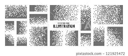 Pixel pattern. Digital dot texture. Abstract halftone geometric art design. Mosaic grid elements set. Fade technology. Monochrome gradient. Black graphic spray effect. Vector background 121925472