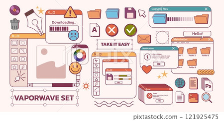 Retro interface. Windows web design. Vintage 90s UI screen or game graphics digital template. Document folder. Error message. Computer old buttons. Browser dashboard. Vector background Retro interface. Windows web design. Vintage 90s UI screen or game graphics digital template. Document folder. Error message. Computer old buttons. Browser dashboard. Vector background 121925475