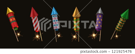 Firework rocket. 3D firecracker. Realistic celebrate fire cracker element. Festival cracker. Carnival petard. Holiday celebration. Party explosion. Vector render pyrotechnics objects set Firework rocket. 3D firecracker. Realistic celebrate fire cracker element. Festival cracker. Carnival petard. Holiday celebration. Party explosion. Vector render pyrotechnics objects set 121925476