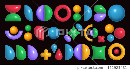 3d figures. Memphis, brutalist vibrant design, experimental geometry cover or visual brutalism poster, artistic and playful colorful illustration. Vector abstract isolated render elements set 121925481