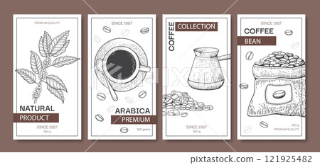 Coffee poster. Sketch style cup of espresso, plant with leaves and grains, cezve for cooking. Vertical banner or packaging design. Menu cover. Aromatic arabica beverage vector illustration set 121925482