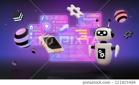 AI technology. 3D futuristic robot. Digital HUD data text or software bot. Tech programming. Computer microchip. Artificial intelligence. Geometric render shapes. Vector background AI technology. 3D futuristic robot. Digital HUD data text or software bot. Tech programming. Computer microchip. Artificial intelligence. Geometric render shapes. Vector background 121925484