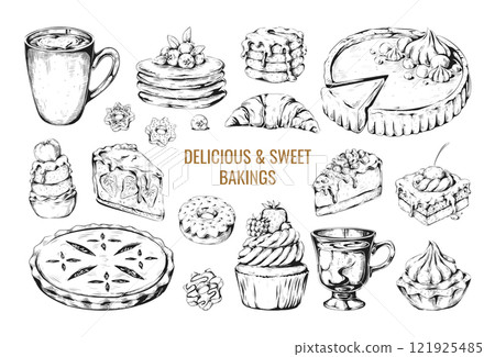 Hand drawn cake. Bakery dessert sketch. Handmade pastry like tart, cream pie or cheesecake. Coffee cup. Pancakes with topping. Engraving delicious muffins. Vector baking confectioneries set 121925485