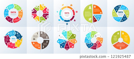 Diagram chart. Circular graph, 5 4 or 6 parts. 3, 7 or 8 color business template for strategy presentation. Financial infochart with copy space for text. Contemporary design vector layout set 121925487