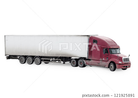 Long distance bonnet truck with a semitrailer isolated on white background 121925891
