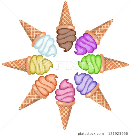 A set of ice cream with different flavors in waffle cones. Vector illustration isolated on white background. A set of ice cream with different flavors in waffle cones. Vector illustration isolated on white background. 121925966